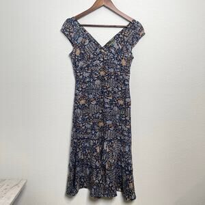 Eddie Bauer 100% Silk Petite 6 Floral Midi Dress Blue V Neck Artsy Boho Cottage